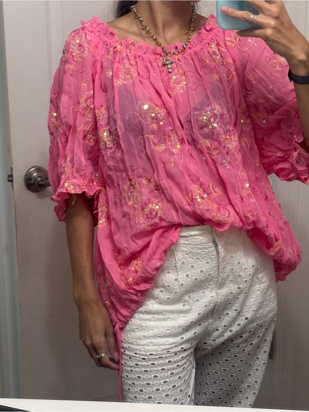 Peter Nygard Embroidered Sequin Boho Peasant Blouse Pink Size 22